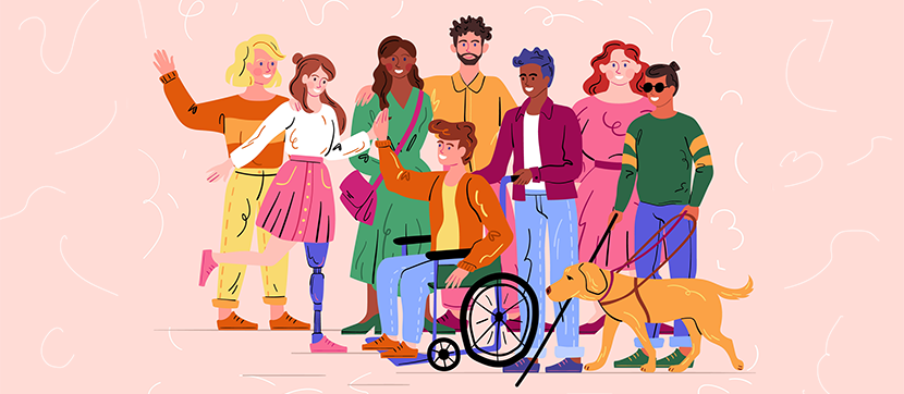 A vibrant and colorful illustration of a group of disabled individuals with various disabilities smiling in community with one another.